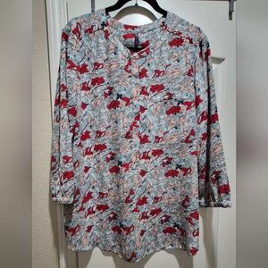 NYDJ Floral Blouse XL Lightweight Blue Red Print 3/4 Sleeve EUC